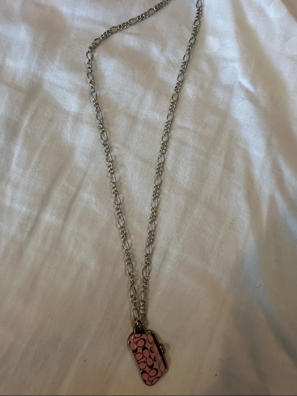 Coach Silver-Tone Chain Necklace with Pink Signature Pendant